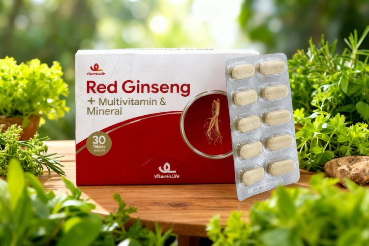 بسته بندی قرص رد جینسینگ در فضای طبیعی